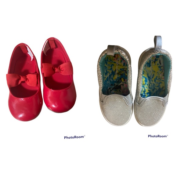 Other - Girl-Tsize 7 shoes, 2pairs- red pattern leather slip on & silver sparkly slip on